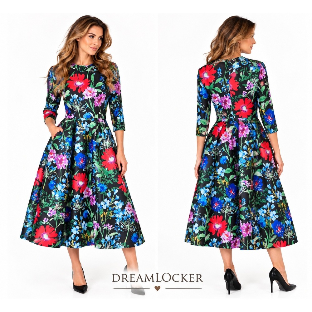 Donna Ricco Dress 8 Black Floral Fit Flare Midi Dopamine Statement Maximalist